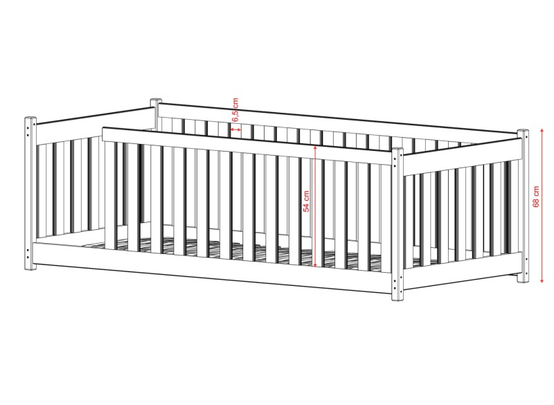 Drewniane łóżko parterowe z wysoką barierką ochronną 54 cm, rysunek techniczny.