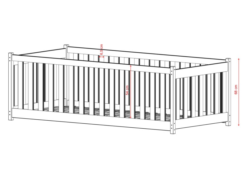Wymiary łóżka dziecięcego: wysokość szczebelków 54 cm, całkowita wysokość 68 cm.