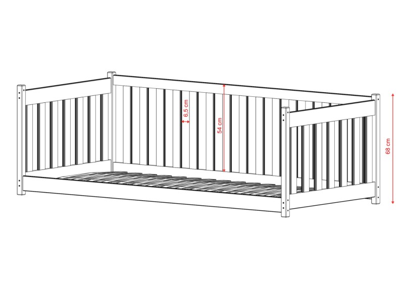 Wymiary łóżka dziecięcego: całkowita wysokość 68 cm, wysokość barierki 54 cm.