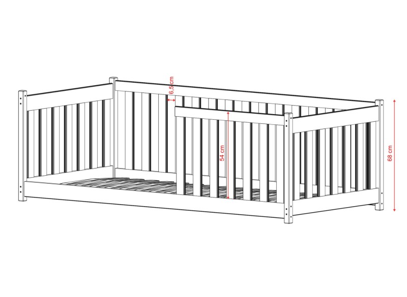 Wymiary łóżka dziecięcego: wysokość barierek 54 cm oraz 68 cm.