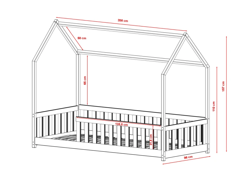Wymiary łóżka typu domek: wysokość 157 cm, długość 208 cm.