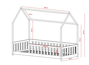 Projekt łóżka dziecięcego domek z barierkami ochronnymi.