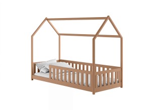 Drewniane łóżko domek dla dzieci z barierką, kolor dąb.