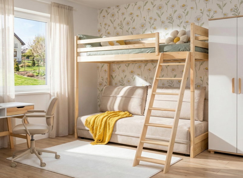 Rysunek techniczny łóżka antresola dla dziecka z podanymi wymiarami konstrukcji.