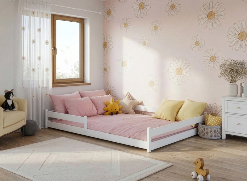 Rysunek techniczny białego drewnianego łóżka podłogowego z wymiarami 90x200 cm na białym tle.