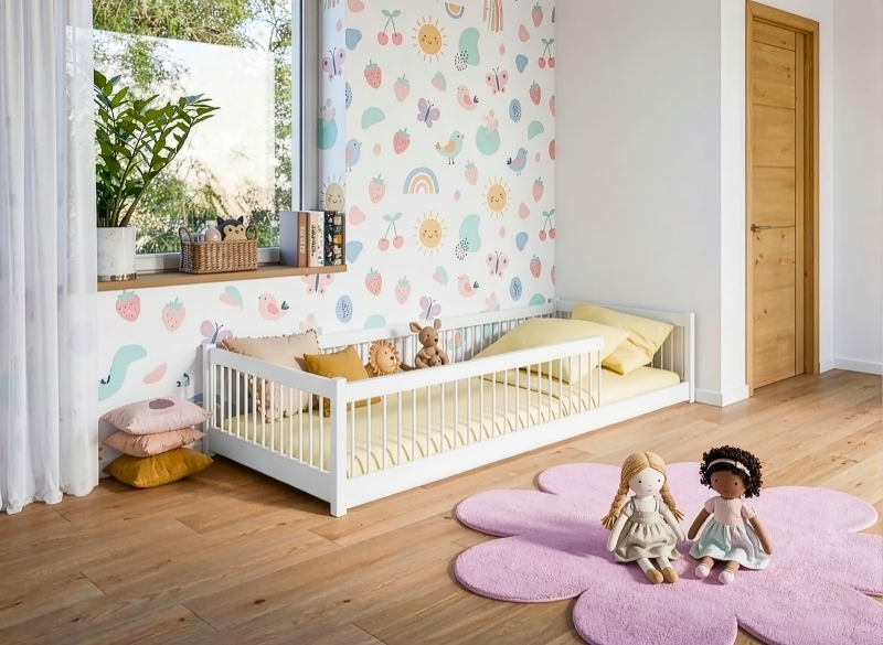 Schemat łóżka dziecięcego domek, białe drewno, z barierkami, wymiary 206x96 cm. Rysunek techniczny na białym tle.