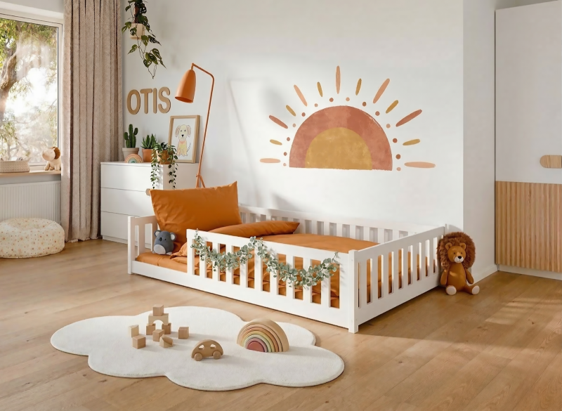 Rysunek techniczny białego drewnianego łóżka dziecięcego z barierkami, wymiary 208x146 cm, na białym tle.