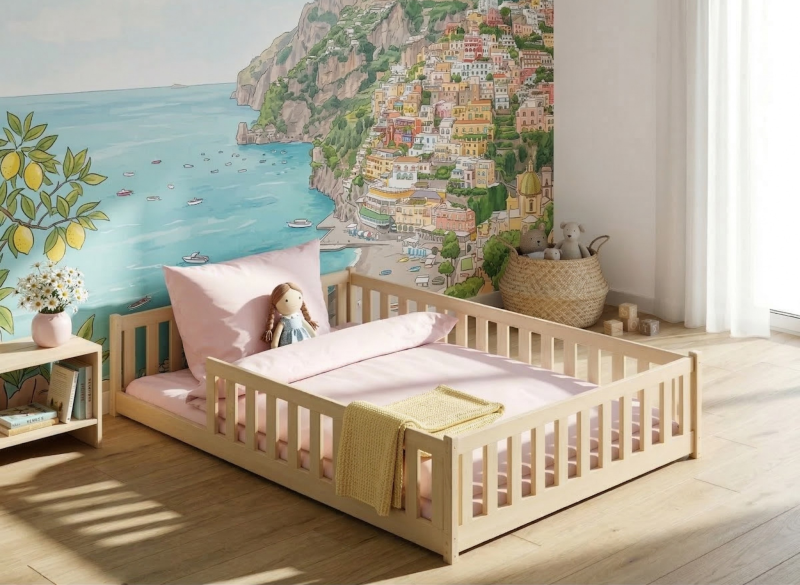 Detal stelaża łóżka wykonanego z drewnianych listew sosnowych.