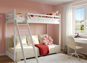 Rysunek techniczny łóżka z dodatkowym wysuwanym spaniem i szufladami.