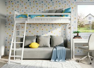 Schemat techniczny białego łóżka piętrowego z drabiną i wymiarami w centymetrach.