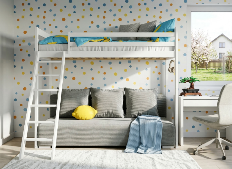 Schemat techniczny białego łóżka piętrowego z drabiną i wymiarami w centymetrach.