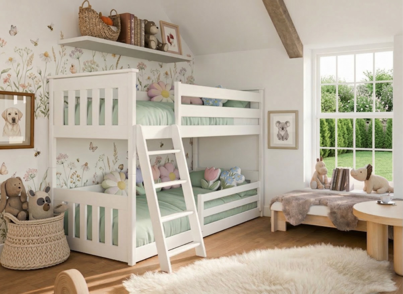 Szczegółowy projekt łóżka piętrowego z drabinką i barierkami, widok techniczny z wymiarami.