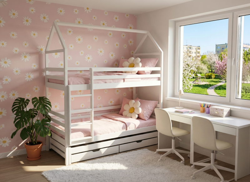 Naturalne drewniane łóżko piętrowe z drabinką, w aranżacji beżowego pokoju dziecięcego.