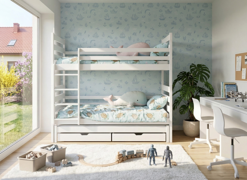 Rysunek konstrukcyjny łóżka domek z wymiarami szuflad i prześwitu.