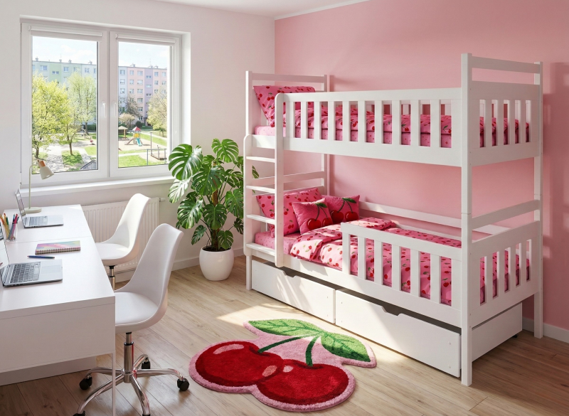 Szkic techniczny łóżka piętrowego z szufladami i wymiarami podanymi w cm.