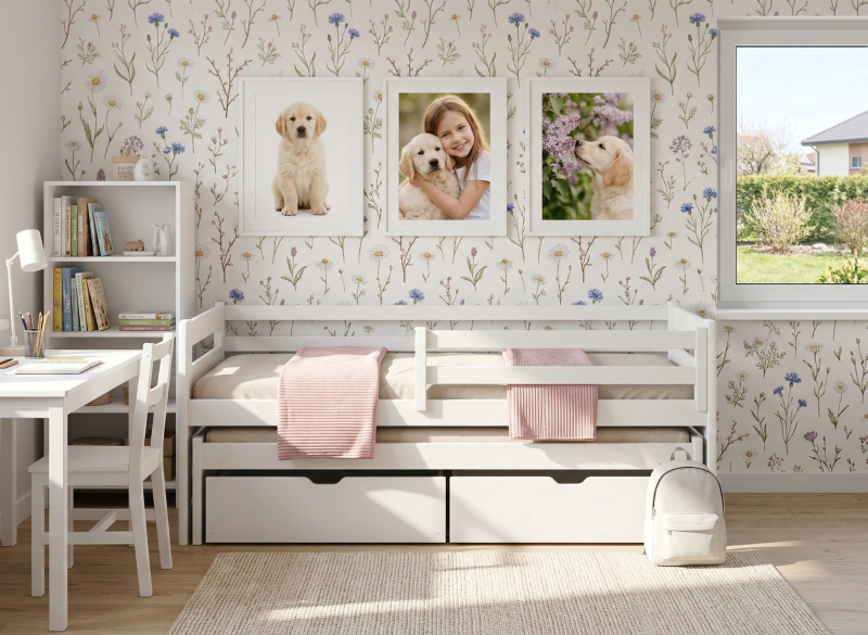 Łóżko sosnowe z wysuwanym spaniem i dwoma szufladami, naturalne drewno, rysunek techniczny z wymiarami na białym tle.