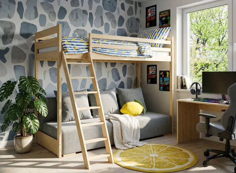 Diagram wymiarowy łóżka piętrowego, wysokość i szerokość łóżka dla dzieci.