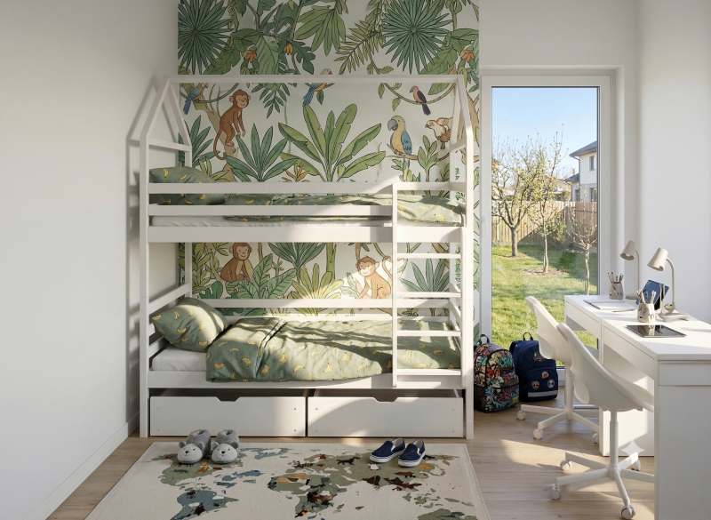 Wymiary łóżka piętrowego trzyosobowego z szufladami, rysunek techniczny.