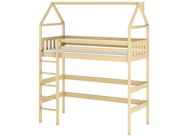 Rysunek techniczny konstrukcji łóżka domku, barierki ochronne dla dziecka, wysokość 184 cm.