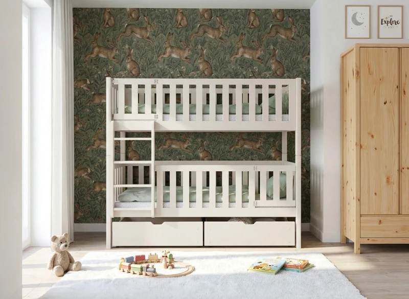 Widok techniczny łóżka piętrowego dwuosobowego z opisem wysokości barierek.