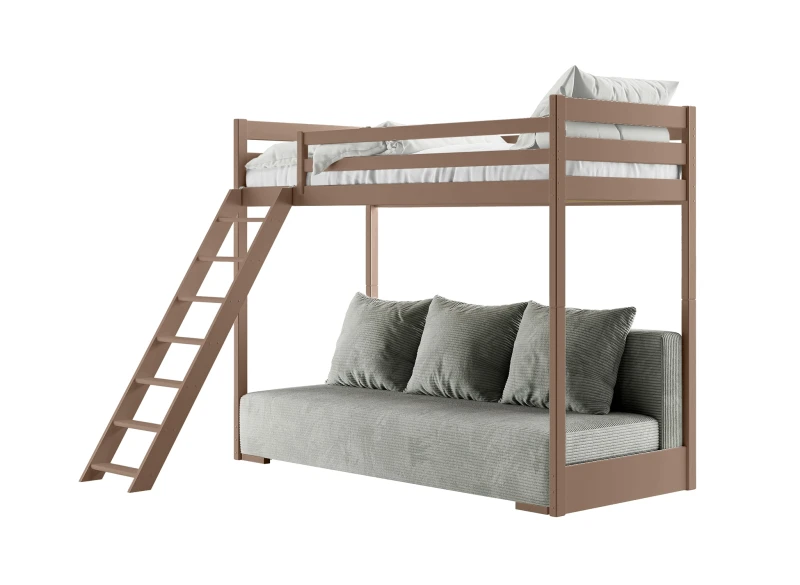 Rysunek techniczny łóżka piętrowego z drabinką i dokładnymi wymiarami.