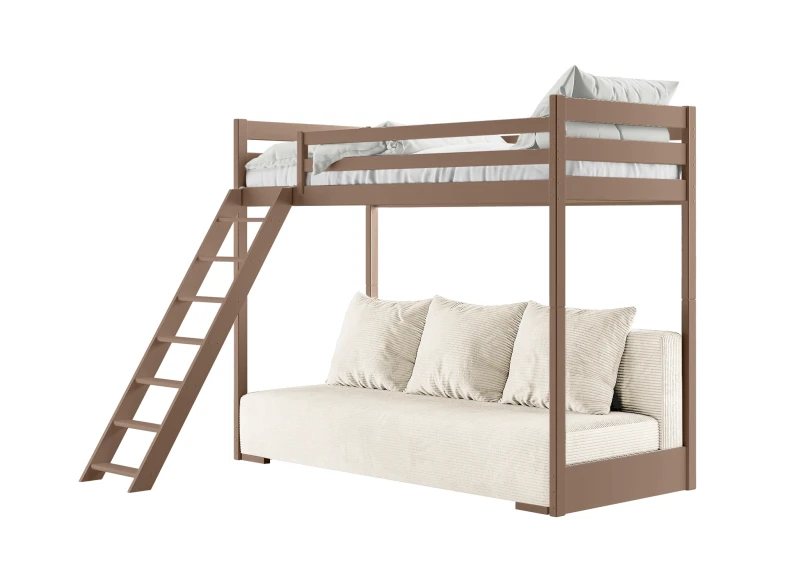 Szkic łóżka z wymiarami barierek oraz pojemnych szuflad na pościel.