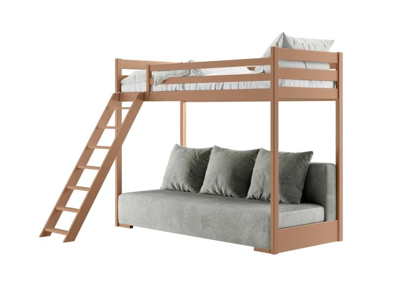 Rysunek poglądowy łóżka piętrowego z dokładnym opisem wymiarów konstrukcji.