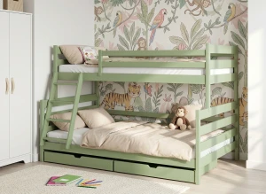 Zielone łóżko piętrowe z szufladami w pokoju z tapetą.