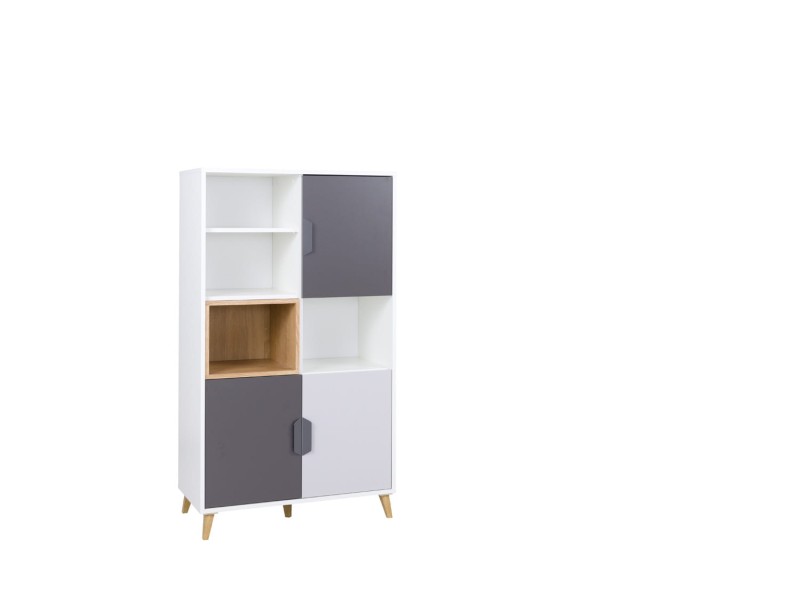 Nowoczesny biały regał z szarymi frontami i drewnianymi nogami w stylu skandynawskim.