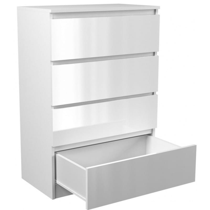 Komoda biała z połyskiem, 5 szuflad, jedna otwarta, nowoczesny design, na białym tle.