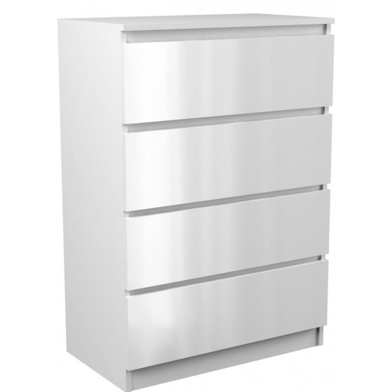 Biała komoda z pięcioma szufladami w połysku, minimalistyczny design, na białym tle.