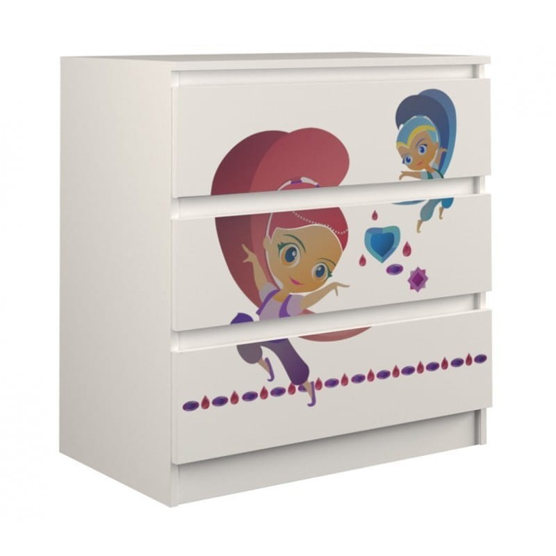 Biała komoda dziecięca z 3 szufladami i grafiką Shimmer i Shine.