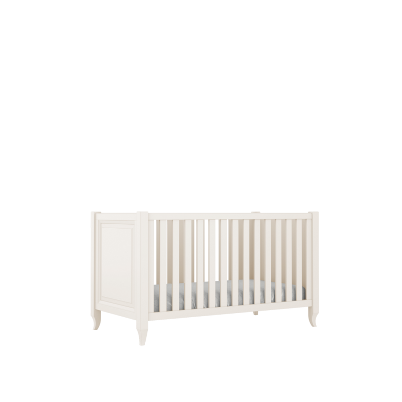 Kremowe łóżeczko niemowlęce ze szczebelkami, klasyczny mebel do pokoju dziecka.