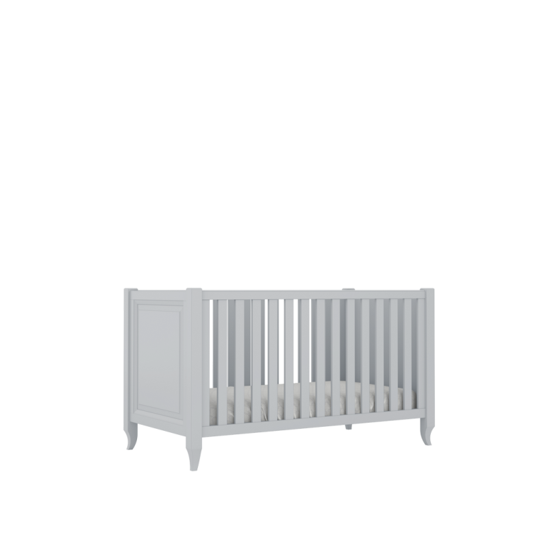 Szare łóżeczko dziecięce ze szczebelkami, nowoczesne meble dla niemowląt.