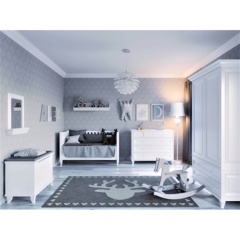 Nowoczesna aranżacja pokoju dziecięcego w kolorze białym i szarym.