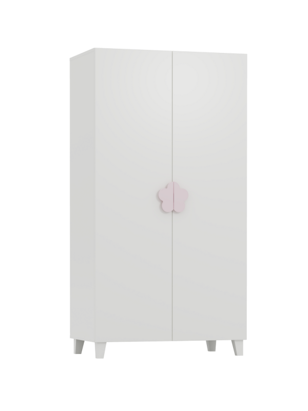 Biała szafa do pokoju dziecięcego z różowymi uchwytami w kształcie kwiatka.