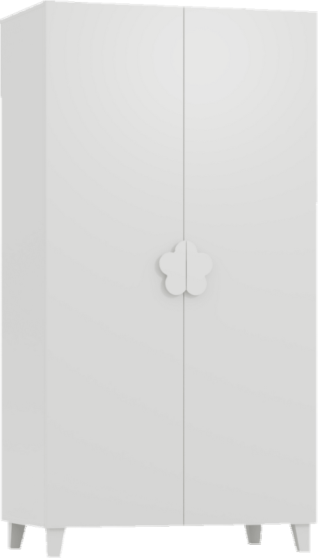 Nowoczesna biała szafa dziecięca z dekoracyjnymi uchwytami w kształcie kwiatów.
