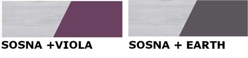 Wzornik kolorów: jasnoszara sosna i fioletowa viola. Próbka materiału drewnopodobnego z akcentem koloru.