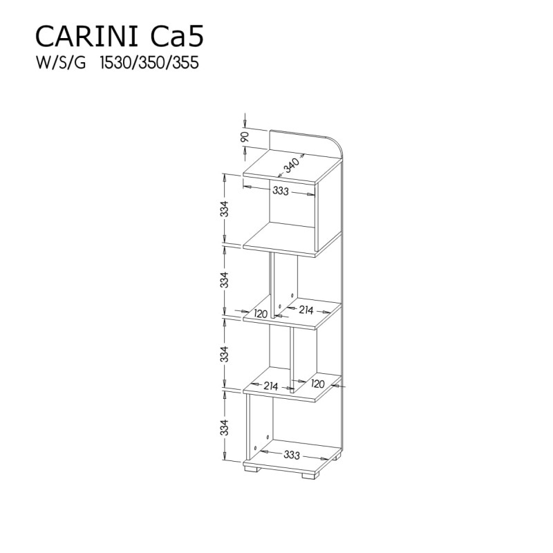Schemat konstrukcyjny z wymiarami asymetrycznego regału Carini Ca5.