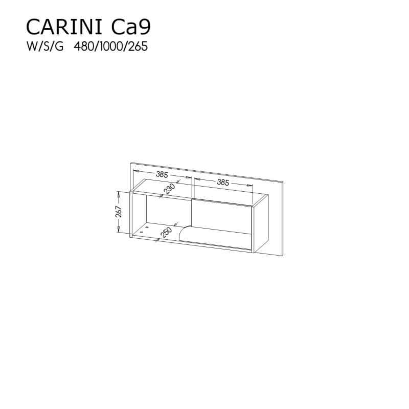 Rysunek wymiarowy półki wiszącej Carini Ca9 na ścianę.