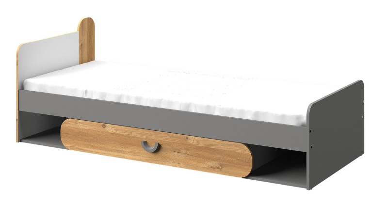 Szare łóżko młodzieżowe z praktyczną szufladą na pościel i białym zagłówkiem.