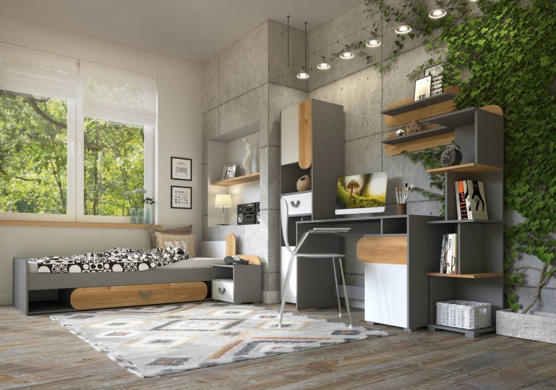Stylowa aranżacja pokoju młodzieżowego z szarymi meblami na tle betonowej ściany.