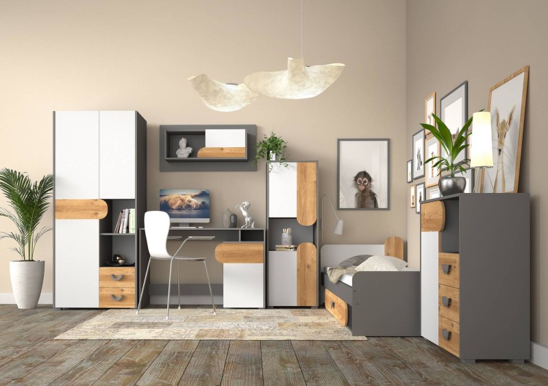 Komplet mebli młodzieżowych: szafa, biurko, łóżko i komoda w nowoczesnym designie.