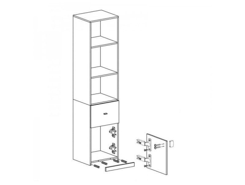 Rysunek techniczny wąskiego regału z szufladą i szafką, schemat montażu mebla pokojowego.