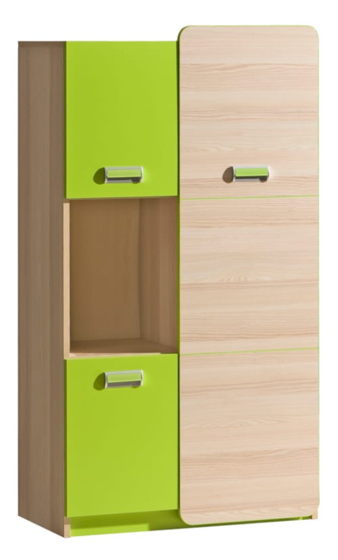 Nowoczesny regał do pokoju dziecięcego z zielonymi frontami i teksturą drewna.