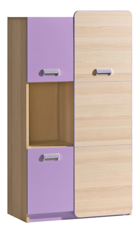 Regał z fioletowymi frontami i jasnym drewnem do pokoju dziecięcego.