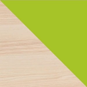 Kolorystyka mebli dziecięcych: jasny dekor drewna zestawiony z limonkową zielenią.