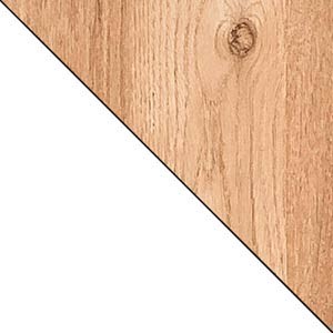 Próbka kolorystyczna mebli: połączenie matowej bieli i naturalnej struktury drewna dębowego.