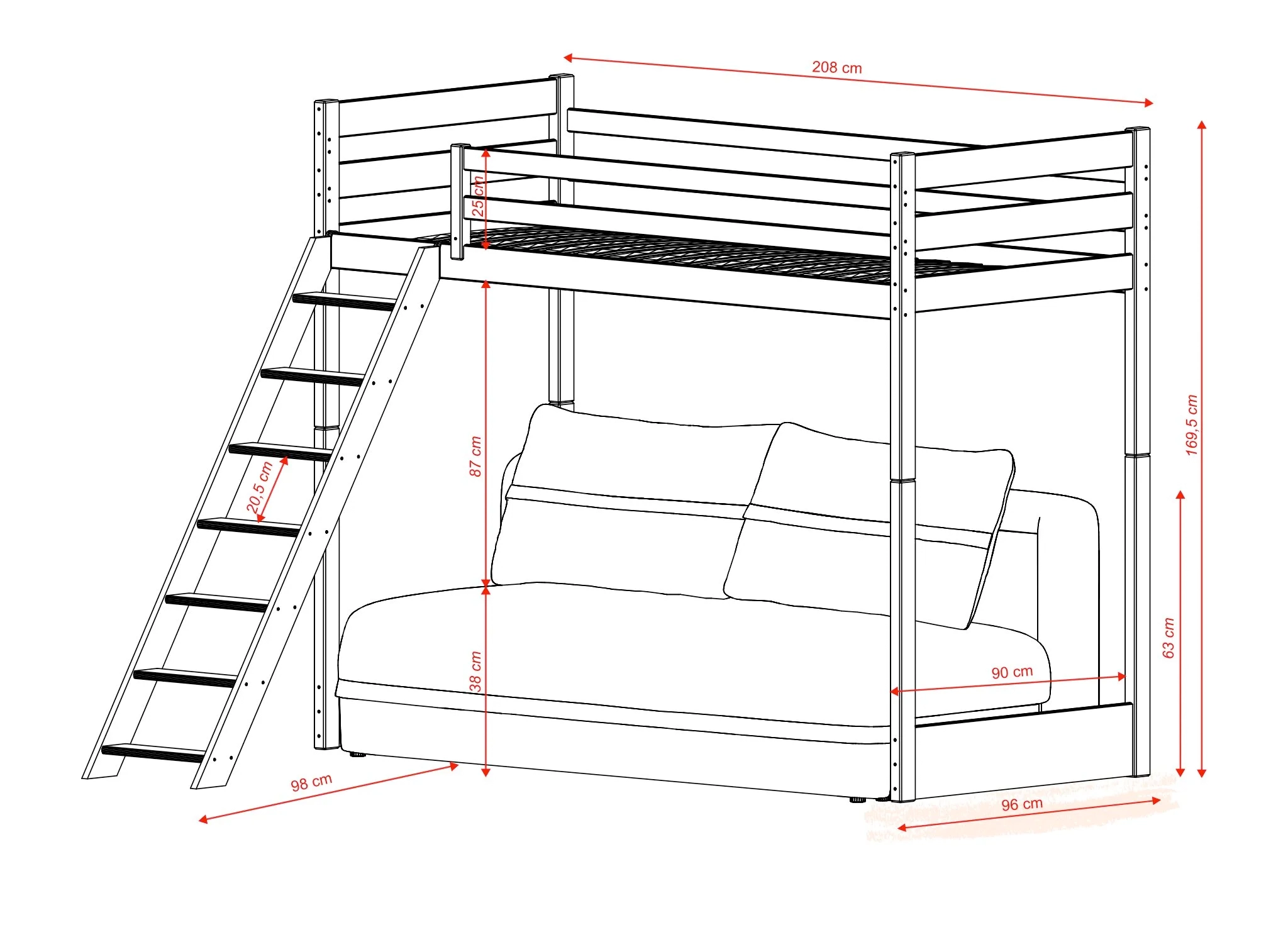 Rysunek techniczny SAVIO ciemna czekolada 90x200/140x200 łóżko na antresoli z rozkładaną sofą – Lano Meble