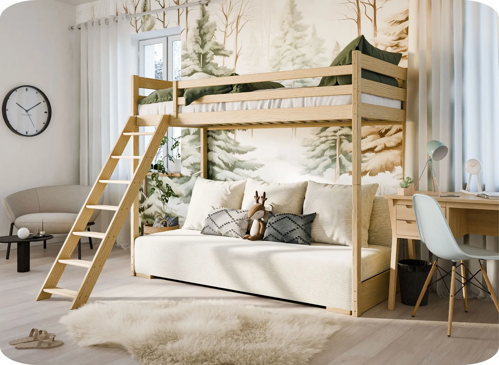 Våningssäng SOFINO furu 90x200/140x200 med beige soffa – Lano Meble